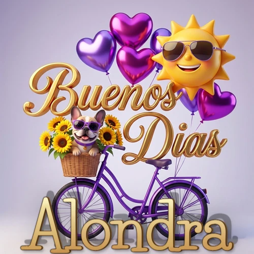 Bicicleta morada con cesta de girasoles y perrito, globos corazón, sol sonriente, nombre grande dorado abajo. Nombre personalizado: Alondra.