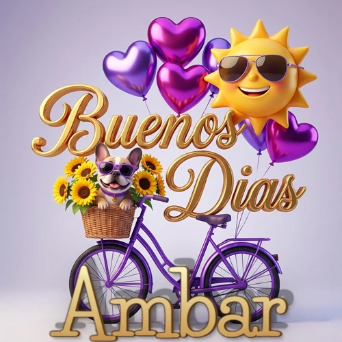 Bicicleta morada con cesta de girasoles y perrito, globos corazón, sol sonriente, nombre grande dorado abajo. Nombre personalizado: Ambar.