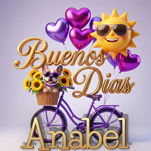 Bicicleta morada con cesta de girasoles y perrito, globos corazón, sol sonriente, nombre grande dorado abajo. Nombre personalizado: Anabel.