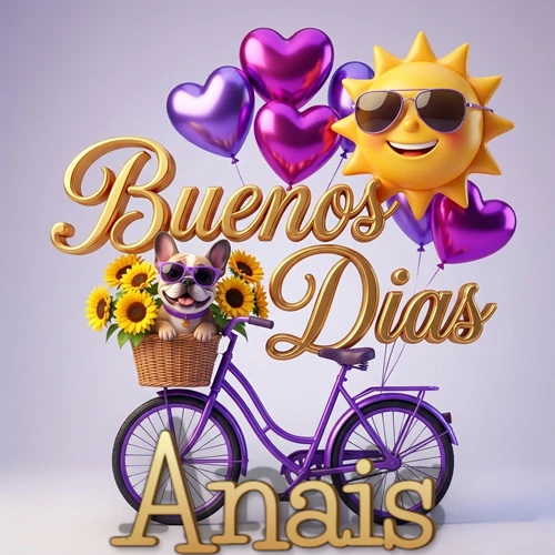 Bicicleta morada con cesta de girasoles y perrito, globos corazón, sol sonriente, nombre grande dorado abajo. Nombre personalizado: Anais.