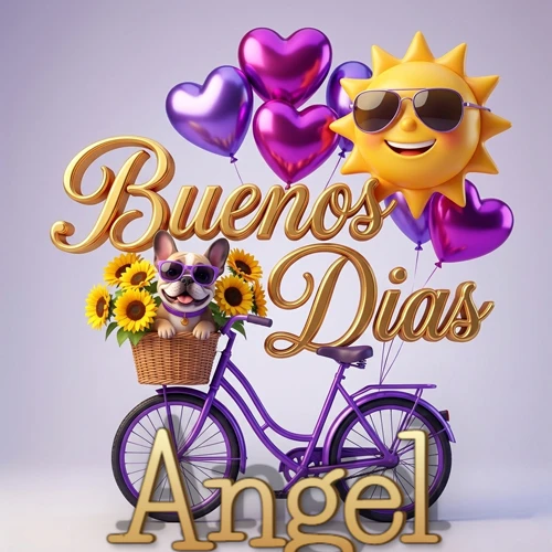 Bicicleta morada con cesta de girasoles y perrito, globos corazón, sol sonriente, nombre grande dorado abajo. Nombre personalizado: Angel. Bicicleta morada con cesta de girasoles y perrito, globos corazón, sol sonriente, nombre grande dorado abajo. Nombre personalizado: Angel.
