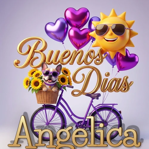 Bicicleta morada con cesta de girasoles y perrito, globos corazón, sol sonriente, nombre grande dorado abajo. Nombre personalizado: Angelica.