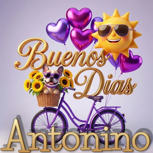 Bicicleta morada con cesta de girasoles y perrito, globos corazón, sol sonriente, nombre grande dorado abajo. Nombre personalizado: Antonino.
