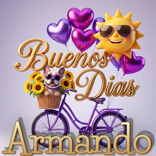 Bicicleta morada con cesta de girasoles y perrito, globos corazón, sol sonriente, nombre grande dorado abajo. Nombre personalizado: Armando.
