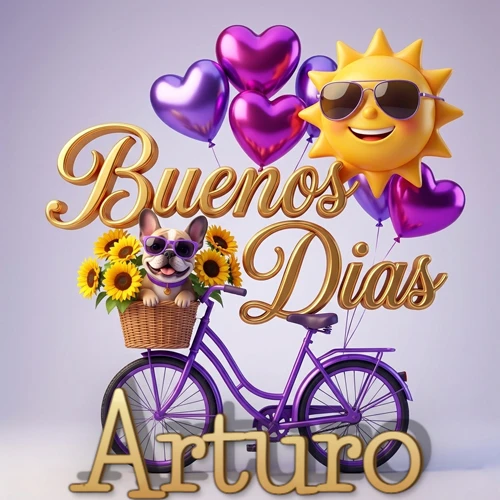 Bicicleta morada con cesta de girasoles y perrito, globos corazón, sol sonriente, nombre grande dorado abajo. Nombre personalizado: Arturo.