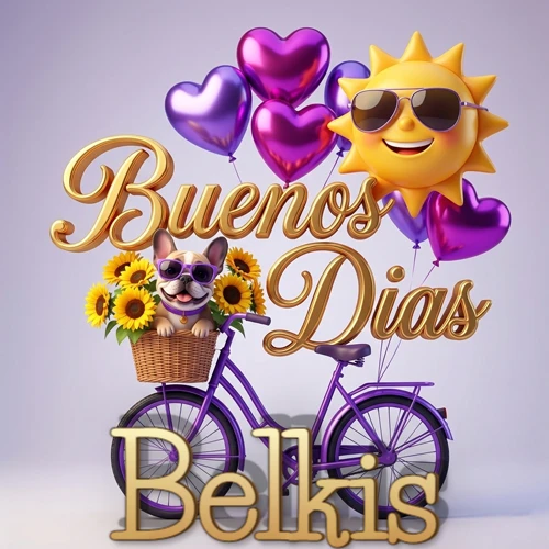 Bicicleta morada con cesta de girasoles y perrito, globos corazón, sol sonriente, nombre grande dorado abajo. Nombre personalizado: Belkis.