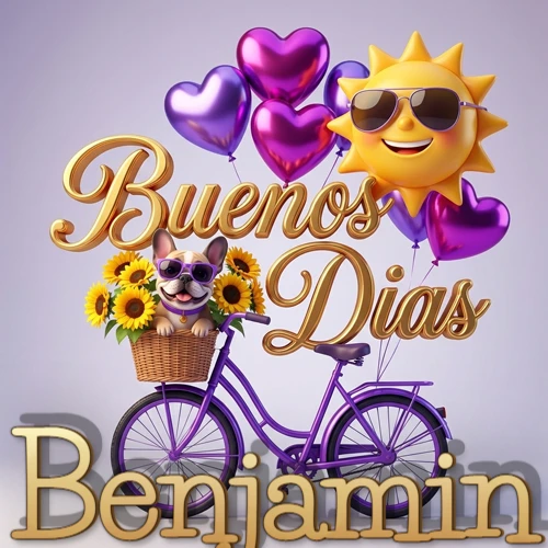 Bicicleta morada con cesta de girasoles y perrito, globos corazón, sol sonriente, nombre grande dorado abajo. Nombre personalizado: Benjamin.