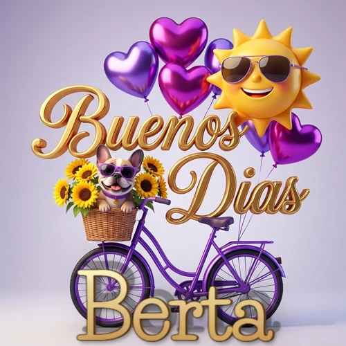 Bicicleta morada con cesta de girasoles y perrito, globos corazón, sol sonriente, nombre grande dorado abajo. Nombre personalizado: Berta.