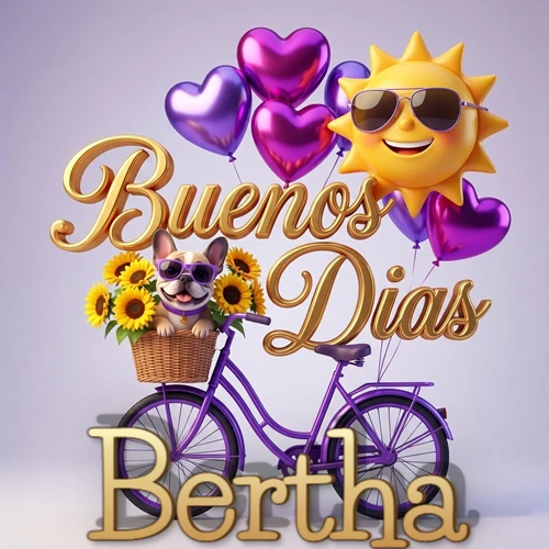 Bicicleta morada con cesta de girasoles y perrito, globos corazón, sol sonriente, nombre grande dorado abajo. Nombre personalizado: Bertha.