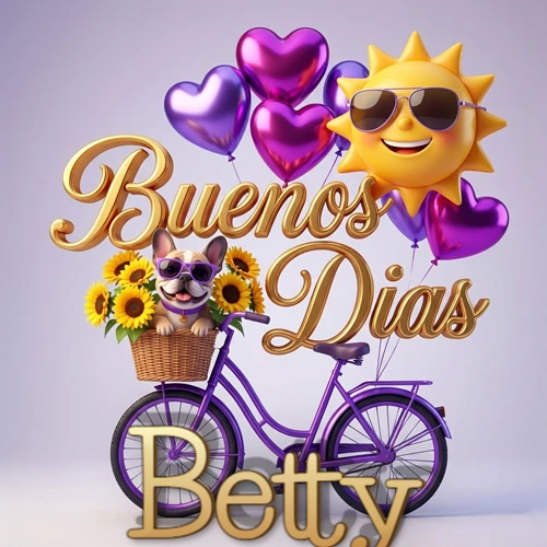 Bicicleta morada con cesta de girasoles y perrito, globos corazón, sol sonriente, nombre grande dorado abajo. Nombre personalizado: Betty.