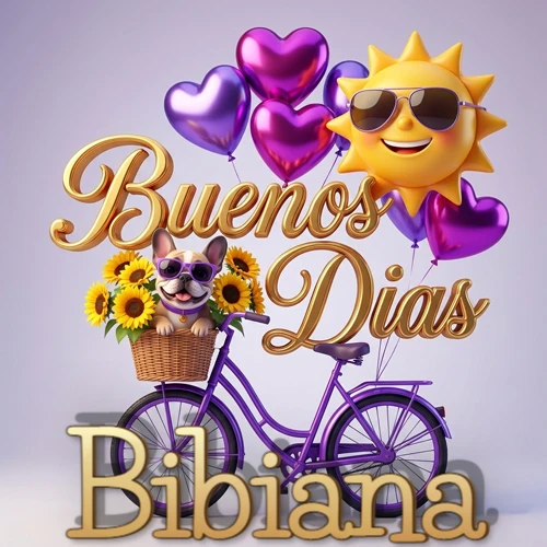 Bicicleta morada con cesta de girasoles y perrito, globos corazón, sol sonriente, nombre grande dorado abajo. Nombre personalizado: Bibiana.