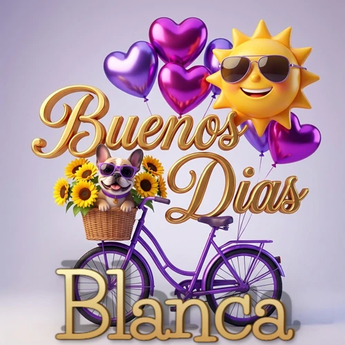 Bicicleta morada con cesta de girasoles y perrito, globos corazón, sol sonriente, nombre grande dorado abajo. Nombre personalizado: Blanca.