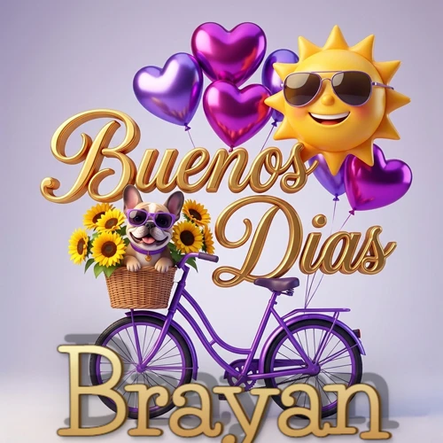 Bicicleta morada con cesta de girasoles y perrito, globos corazón, sol sonriente, nombre grande dorado abajo. Nombre personalizado: Brayan.