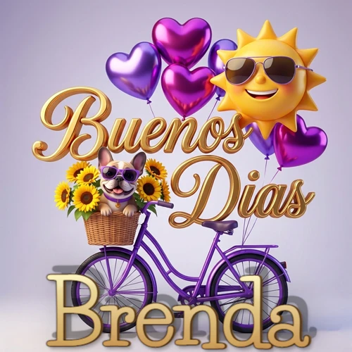 Bicicleta morada con cesta de girasoles y perrito, globos corazón, sol sonriente, nombre grande dorado abajo. Nombre personalizado: Brenda.
