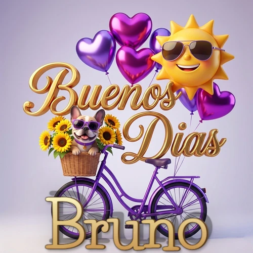Bicicleta morada con cesta de girasoles y perrito, globos corazón, sol sonriente, nombre grande dorado abajo. Nombre personalizado: Bruno.