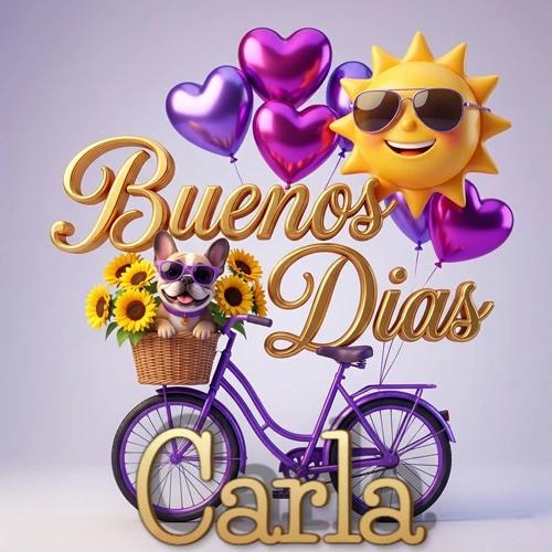 Bicicleta morada con cesta de girasoles y perrito, globos corazón, sol sonriente, nombre grande dorado abajo. Nombre personalizado: Carla.