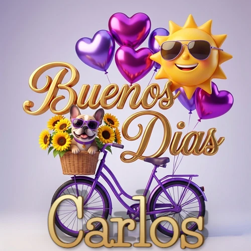Bicicleta morada con cesta de girasoles y perrito, globos corazón, sol sonriente, nombre grande dorado abajo. Nombre personalizado: Carlos.