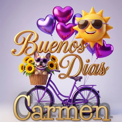 Bicicleta morada con cesta de girasoles y perrito, globos corazón, sol sonriente, nombre grande dorado abajo. Nombre personalizado: Carmen.