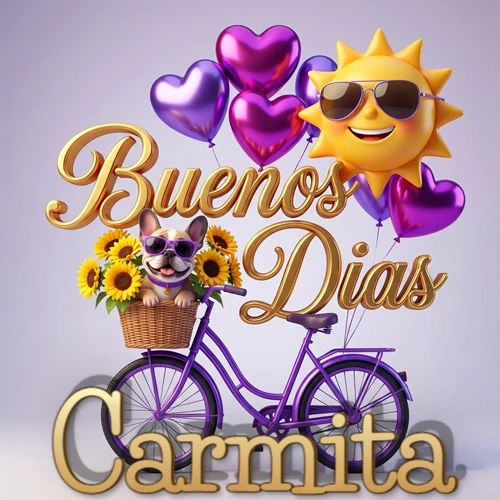 Bicicleta morada con cesta de girasoles y perrito, globos corazón, sol sonriente, nombre grande dorado abajo. Nombre personalizado: Carmita.