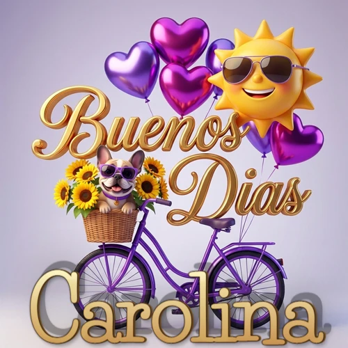 Bicicleta morada con cesta de girasoles y perrito, globos corazón, sol sonriente, nombre grande dorado abajo. Nombre personalizado: Carolina. Bicicleta morada con cesta de girasoles y perrito, globos corazón, sol sonriente, nombre grande dorado abajo. Nombre personalizado: Carolina.