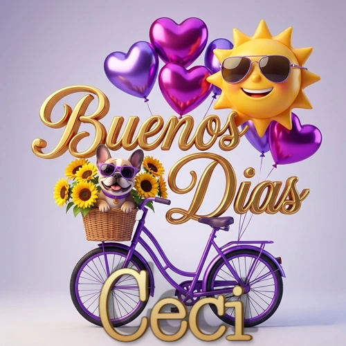 Bicicleta morada con cesta de girasoles y perrito, globos corazón, sol sonriente, nombre grande dorado abajo. Nombre personalizado: Ceci. Bicicleta morada con cesta de girasoles y perrito, globos corazón, sol sonriente, nombre grande dorado abajo. Nombre personalizado: Ceci.