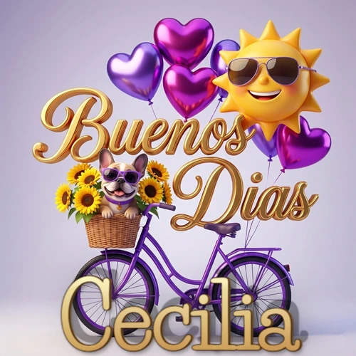Bicicleta morada con cesta de girasoles y perrito, globos corazón, sol sonriente, nombre grande dorado abajo. Nombre personalizado: Cecilia. Bicicleta morada con cesta de girasoles y perrito, globos corazón, sol sonriente, nombre grande dorado abajo. Nombre personalizado: Cecilia.