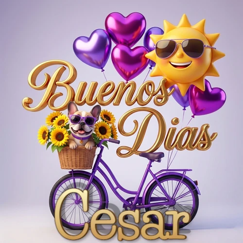 Bicicleta morada con cesta de girasoles y perrito, globos corazón, sol sonriente, nombre grande dorado abajo. Nombre personalizado: Cesar. Bicicleta morada con cesta de girasoles y perrito, globos corazón, sol sonriente, nombre grande dorado abajo. Nombre personalizado: Cesar.