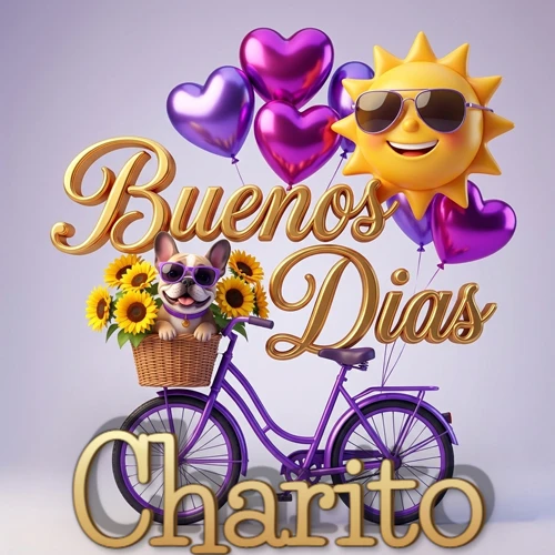 Bicicleta morada con cesta de girasoles y perrito, globos corazón, sol sonriente, nombre grande dorado abajo. Nombre personalizado: Charito. Bicicleta morada con cesta de girasoles y perrito, globos corazón, sol sonriente, nombre grande dorado abajo. Nombre personalizado: Charito.