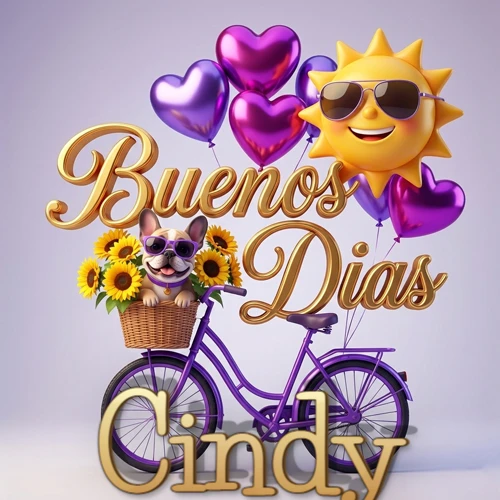 Bicicleta morada con cesta de girasoles y perrito, globos corazón, sol sonriente, nombre grande dorado abajo. Nombre personalizado: Cindy. Bicicleta morada con cesta de girasoles y perrito, globos corazón, sol sonriente, nombre grande dorado abajo. Nombre personalizado: Cindy.