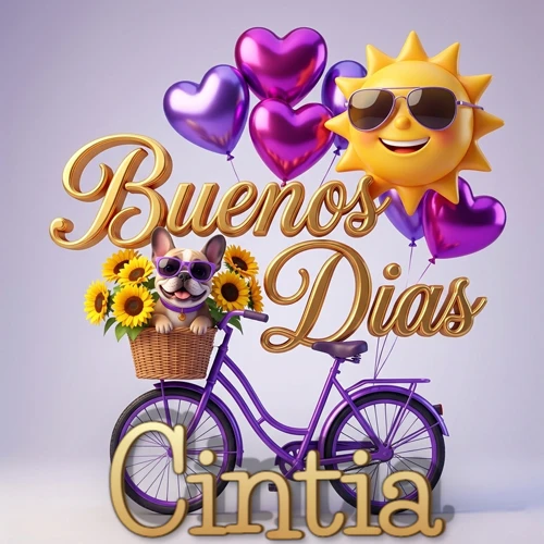 Bicicleta morada con cesta de girasoles y perrito, globos corazón, sol sonriente, nombre grande dorado abajo. Nombre personalizado: Cintia. Bicicleta morada con cesta de girasoles y perrito, globos corazón, sol sonriente, nombre grande dorado abajo. Nombre personalizado: Cintia.