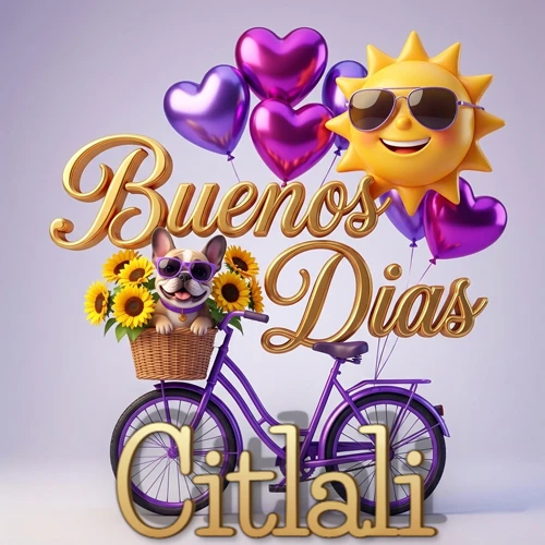Bicicleta morada con cesta de girasoles y perrito, globos corazón, sol sonriente, nombre grande dorado abajo. Nombre personalizado: Citlali. Bicicleta morada con cesta de girasoles y perrito, globos corazón, sol sonriente, nombre grande dorado abajo. Nombre personalizado: Citlali.