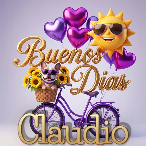 Bicicleta morada con cesta de girasoles y perrito, globos corazón, sol sonriente, nombre grande dorado abajo. Nombre personalizado: Claudio. Bicicleta morada con cesta de girasoles y perrito, globos corazón, sol sonriente, nombre grande dorado abajo. Nombre personalizado: Claudio.