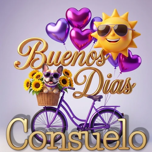 Bicicleta morada con cesta de girasoles y perrito, globos corazón, sol sonriente, nombre grande dorado abajo. Nombre personalizado: Consuelo. Bicicleta morada con cesta de girasoles y perrito, globos corazón, sol sonriente, nombre grande dorado abajo. Nombre personalizado: Consuelo.