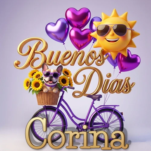 Bicicleta morada con cesta de girasoles y perrito, globos corazón, sol sonriente, nombre grande dorado abajo. Nombre personalizado: Corina. Bicicleta morada con cesta de girasoles y perrito, globos corazón, sol sonriente, nombre grande dorado abajo. Nombre personalizado: Corina.
