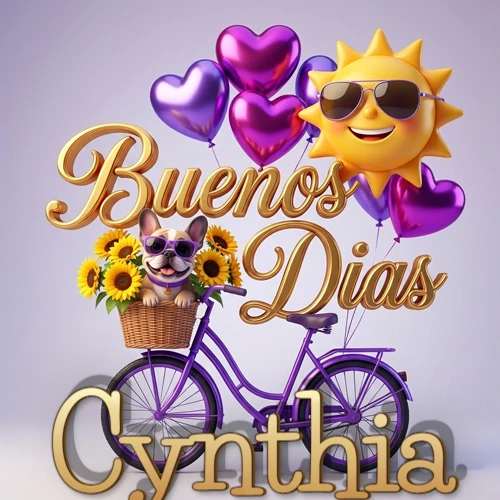 Bicicleta morada con cesta de girasoles y perrito, globos corazón, sol sonriente, nombre grande dorado abajo. Nombre personalizado: Cynthia. Bicicleta morada con cesta de girasoles y perrito, globos corazón, sol sonriente, nombre grande dorado abajo. Nombre personalizado: Cynthia.