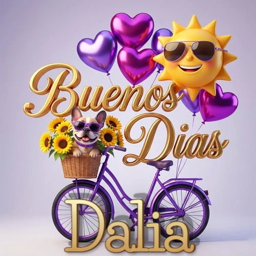 Bicicleta morada con cesta de girasoles y perrito, globos corazón, sol sonriente, nombre grande dorado abajo. Nombre personalizado: Dalia. Bicicleta morada con cesta de girasoles y perrito, globos corazón, sol sonriente, nombre grande dorado abajo. Nombre personalizado: Dalia.