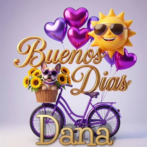 Bicicleta morada con cesta de girasoles y perrito, globos corazón, sol sonriente, nombre grande dorado abajo. Nombre personalizado: Dana. Bicicleta morada con cesta de girasoles y perrito, globos corazón, sol sonriente, nombre grande dorado abajo. Nombre personalizado: Dana.