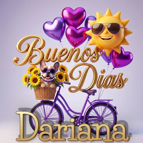 Bicicleta morada con cesta de girasoles y perrito, globos corazón, sol sonriente, nombre grande dorado abajo. Nombre personalizado: Dariana. Bicicleta morada con cesta de girasoles y perrito, globos corazón, sol sonriente, nombre grande dorado abajo. Nombre personalizado: Dariana.