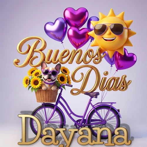 Bicicleta morada con cesta de girasoles y perrito, globos corazón, sol sonriente, nombre grande dorado abajo. Nombre personalizado: Dayana. Bicicleta morada con cesta de girasoles y perrito, globos corazón, sol sonriente, nombre grande dorado abajo. Nombre personalizado: Dayana.