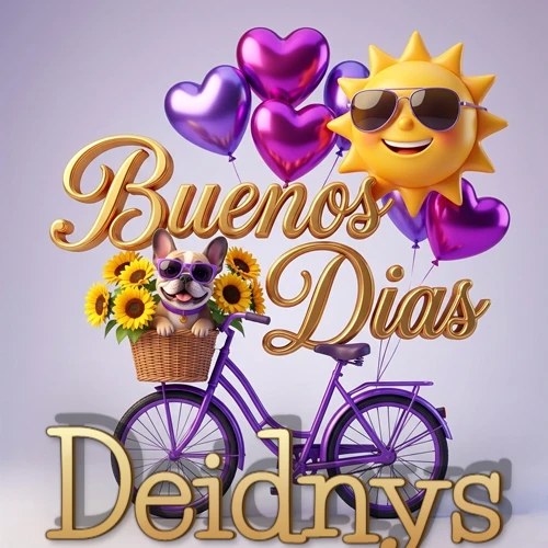 Bicicleta morada con cesta de girasoles y perrito, globos corazón, sol sonriente, nombre grande dorado abajo. Nombre personalizado: Deidnys. Bicicleta morada con cesta de girasoles y perrito, globos corazón, sol sonriente, nombre grande dorado abajo. Nombre personalizado: Deidnys.
