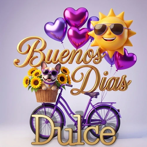 Bicicleta morada con cesta de girasoles y perrito, globos corazón, sol sonriente, nombre grande dorado abajo. Nombre personalizado: Dulce. Bicicleta morada con cesta de girasoles y perrito, globos corazón, sol sonriente, nombre grande dorado abajo. Nombre personalizado: Dulce.