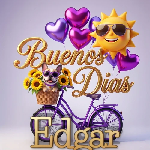 Bicicleta morada con cesta de girasoles y perrito, globos corazón, sol sonriente, nombre grande dorado abajo. Nombre personalizado: Edgar. Bicicleta morada con cesta de girasoles y perrito, globos corazón, sol sonriente, nombre grande dorado abajo. Nombre personalizado: Edgar.