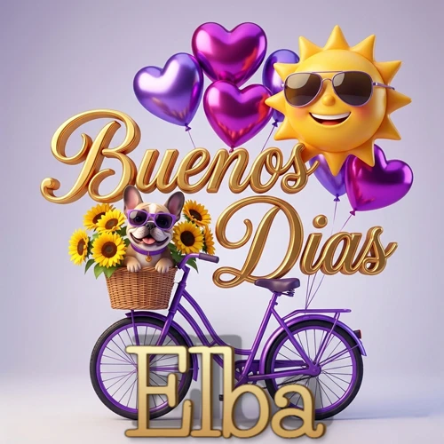 Bicicleta morada con cesta de girasoles y perrito, globos corazón, sol sonriente, nombre grande dorado abajo. Nombre personalizado: Elba. Bicicleta morada con cesta de girasoles y perrito, globos corazón, sol sonriente, nombre grande dorado abajo. Nombre personalizado: Elba.