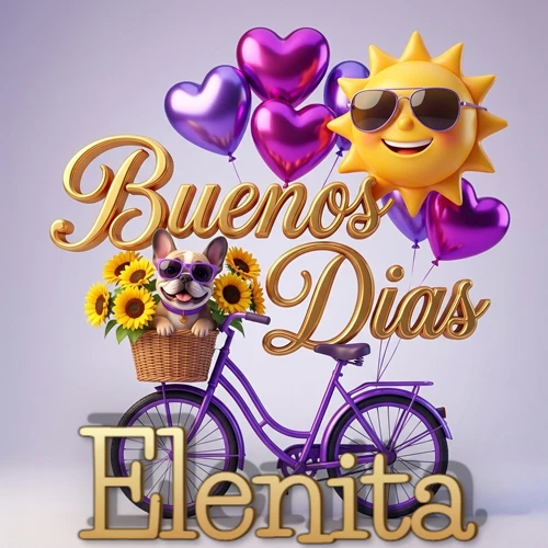 Bicicleta morada con cesta de girasoles y perrito, globos corazón, sol sonriente, nombre grande dorado abajo. Nombre personalizado: Elenita. Bicicleta morada con cesta de girasoles y perrito, globos corazón, sol sonriente, nombre grande dorado abajo. Nombre personalizado: Elenita.