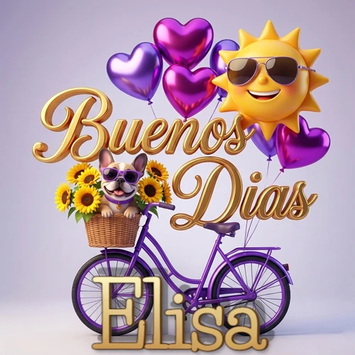 Bicicleta morada con cesta de girasoles y perrito, globos corazón, sol sonriente, nombre grande dorado abajo. Nombre personalizado: Elisa. Bicicleta morada con cesta de girasoles y perrito, globos corazón, sol sonriente, nombre grande dorado abajo. Nombre personalizado: Elisa.