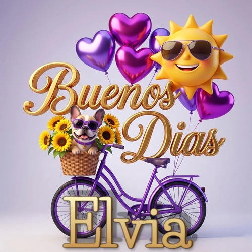 Bicicleta morada con cesta de girasoles y perrito, globos corazón, sol sonriente, nombre grande dorado abajo. Nombre personalizado: Elvia. Bicicleta morada con cesta de girasoles y perrito, globos corazón, sol sonriente, nombre grande dorado abajo. Nombre personalizado: Elvia.