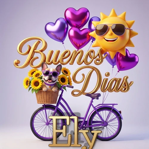 Bicicleta morada con cesta de girasoles y perrito, globos corazón, sol sonriente, nombre grande dorado abajo. Nombre personalizado: Ely. Bicicleta morada con cesta de girasoles y perrito, globos corazón, sol sonriente, nombre grande dorado abajo. Nombre personalizado: Ely.