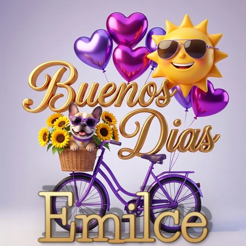Bicicleta morada con cesta de girasoles y perrito, globos corazón, sol sonriente, nombre grande dorado abajo. Nombre personalizado: Emilce. Bicicleta morada con cesta de girasoles y perrito, globos corazón, sol sonriente, nombre grande dorado abajo. Nombre personalizado: Emilce.