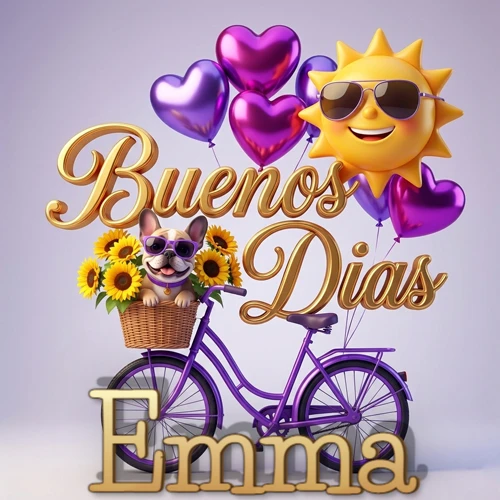 Bicicleta morada con cesta de girasoles y perrito, globos corazón, sol sonriente, nombre grande dorado abajo. Nombre personalizado: Emma. Bicicleta morada con cesta de girasoles y perrito, globos corazón, sol sonriente, nombre grande dorado abajo. Nombre personalizado: Emma.