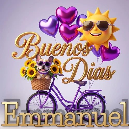 Bicicleta morada con cesta de girasoles y perrito, globos corazón, sol sonriente, nombre grande dorado abajo. Nombre personalizado: Emmanuel. Bicicleta morada con cesta de girasoles y perrito, globos corazón, sol sonriente, nombre grande dorado abajo. Nombre personalizado: Emmanuel.